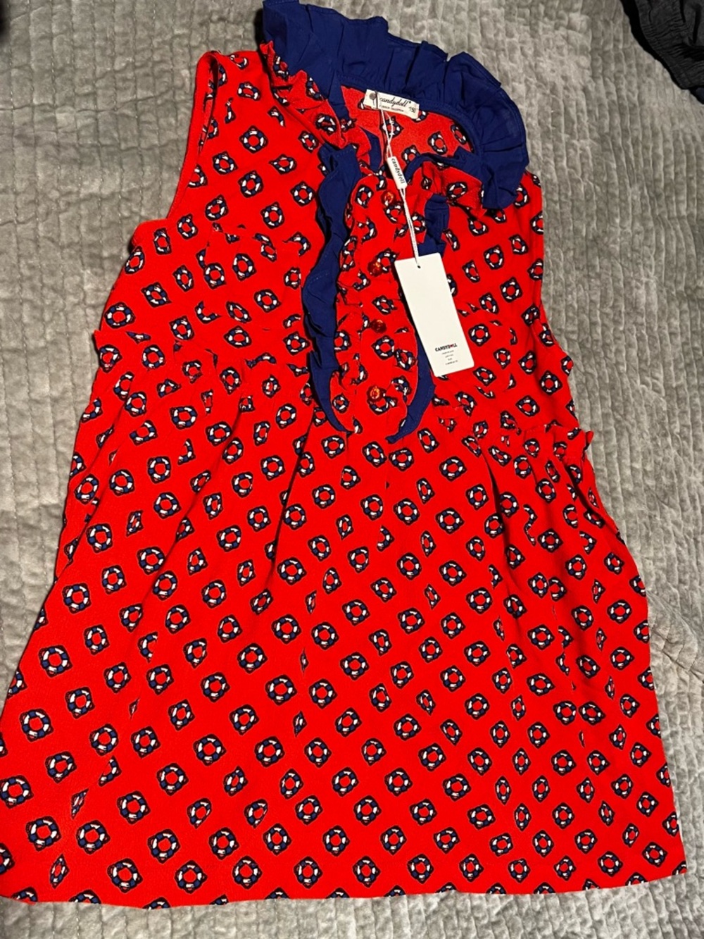 Red Sleeveless Ruffle Neck Printed Tank